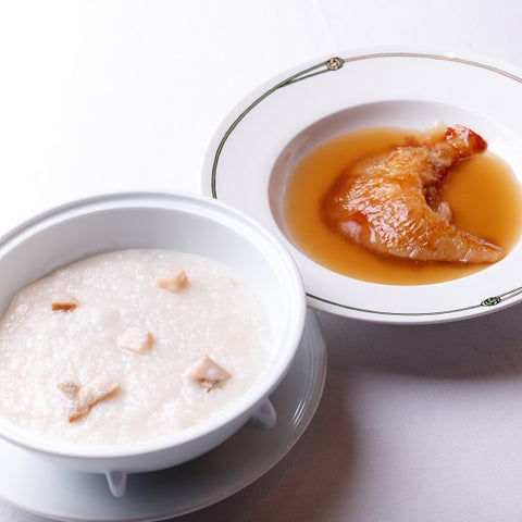 【受注生産】中国飯店 焼きフカヒレの上湯ソースとアワビのお粥のセット（２人前）